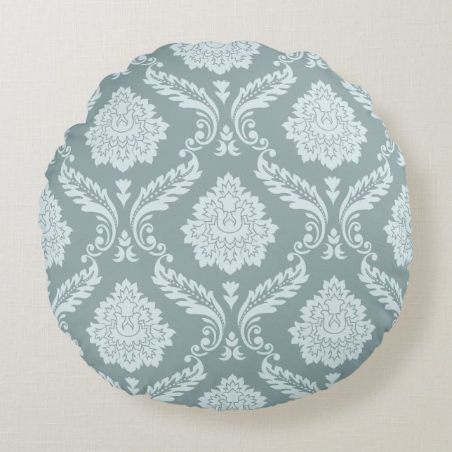 Rococo Damask Groot Patroon Eendenei Blauw+Turquoi Rond Kussen (Voorkant)