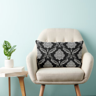 Rococo Damask Groot Patroon Grijs op Zwart Kussen
