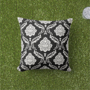 Rococo Damask Groot Patroon Wit op Zwart Buitenkussen