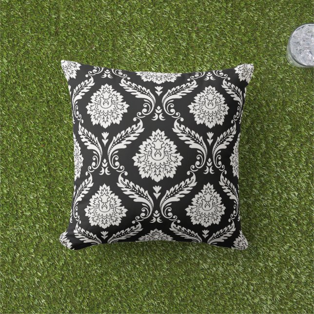 Rococo Damask Groot Patroon Wit op Zwart Buitenkussen (Gras)