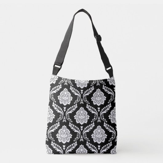 Rococo Damask Groot Patroon Wit op Zwart Crossbody Tas (Voorkant)