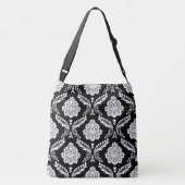 Rococo Damask Groot Patroon Wit op Zwart Crossbody Tas (Achterkant)