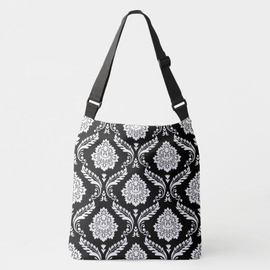 Rococo Damask Groot Patroon Wit op Zwart Crossbody Tas (Voorkant)