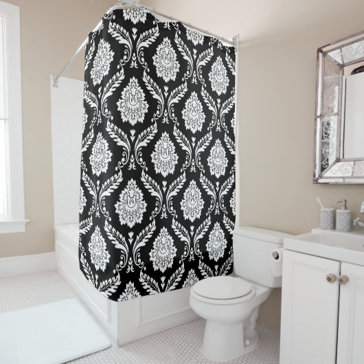 Rococo Damask Groot Patroon Wit op Zwart Douchegordijn (In situ)