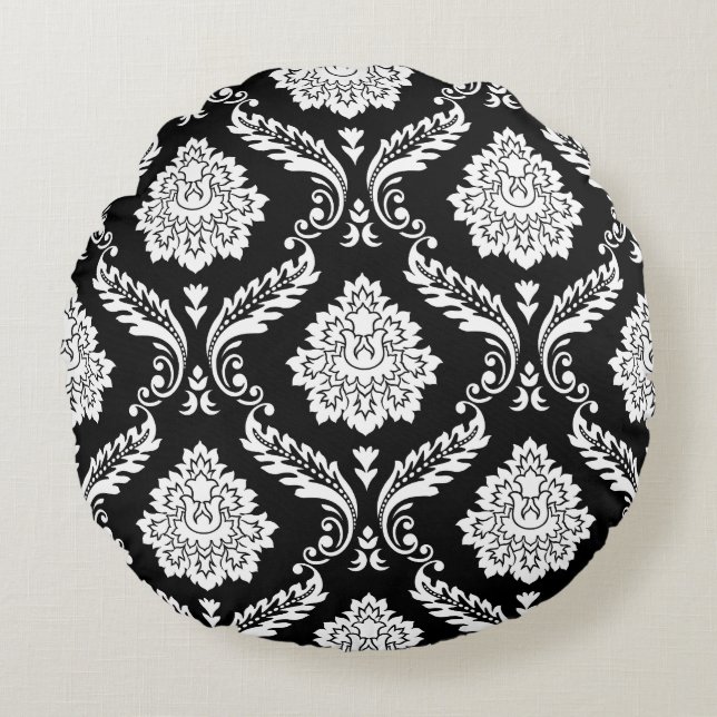 Rococo Damask Groot Patroon Wit op Zwart Rond Kussen (Voorkant)