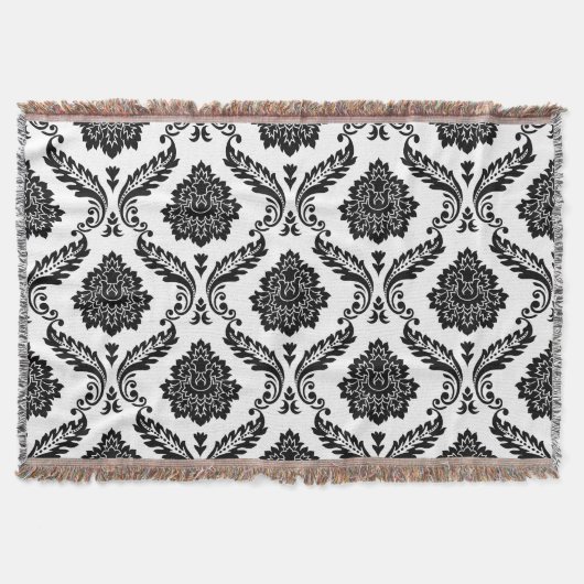 Rococo Damask Groot Patroon Zwart op Wit Deken (Voorkant)