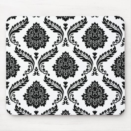 Rococo Damask Groot Patroon Zwart op Wit Muismat (Voorkant)