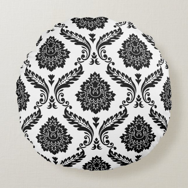 Rococo Damask Groot Patroon Zwart op Wit Rond Kussen (Voorkant)
