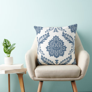 Rococo Damask Grote Patroon Blauw op Wit Kussen