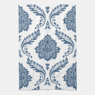 Rococo Damask Grote Patroon Blauw op Wit Theedoek