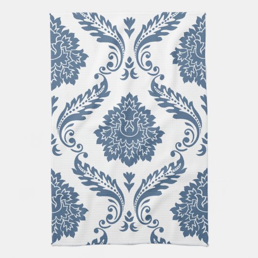 Rococo Damask Grote Patroon Blauw op Wit Theedoek (Verticaal)
