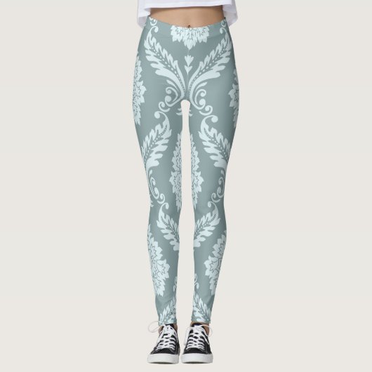 Rococo Damask Grote Patroon Eendenei Blauw+Turquoi Leggings (Voorkant)