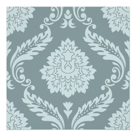 Rococo Damask Grote Patroon Eendenei Blauw+Turquoi Perfect Poster (Voorkant)