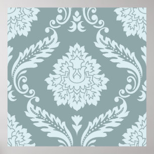 Rococo Damask Grote Patroon Eendenei Blauw+Turquoi Poster