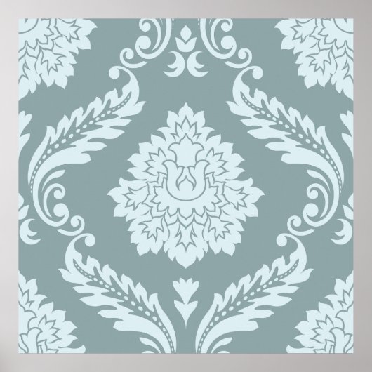 Rococo Damask Grote Patroon Eendenei Blauw+Turquoi Poster (Voorkant)