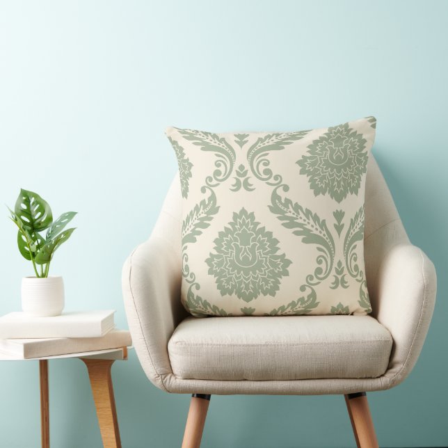 Rococo Damask Kunst I 2-weg Crème en Groen Kussen (Stoel)