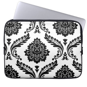 Rococo Damask Lg Off-Set Patroon Zwart op Wit Laptop Sleeve