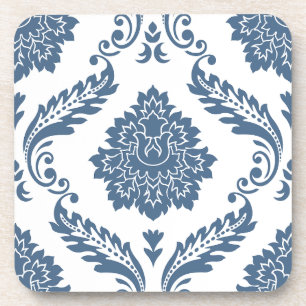 Rococo Damask Lg Patroon Blauw op Wit Bier Onderzetter