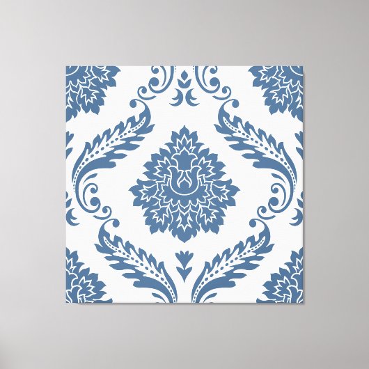 Rococo Damask Lg Patroon Blauw op Wit Canvas Afdruk (Voorkant)