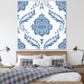 Rococo Damask Lg Patroon Blauw op Wit Canvas Afdruk (Insitu (Slaapkamer))