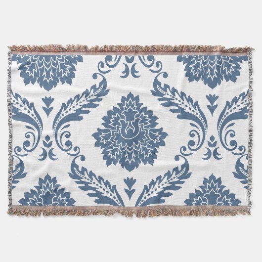 Rococo Damask Lg Patroon Blauw op Wit Deken (Voorkant)