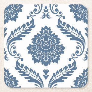 Rococo Damask Lg Patroon Blauw op Wit Kartonnen Onderzetters