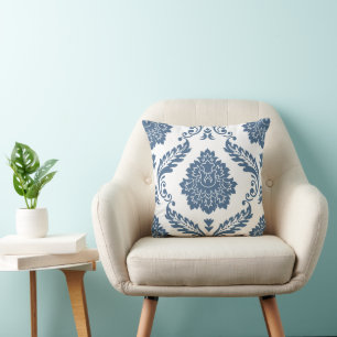 Rococo Damask Lg Patroon Blauw op Wit Kussen