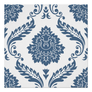 Rococo Damask Lg Patroon Blauw op Wit Perfect Poster