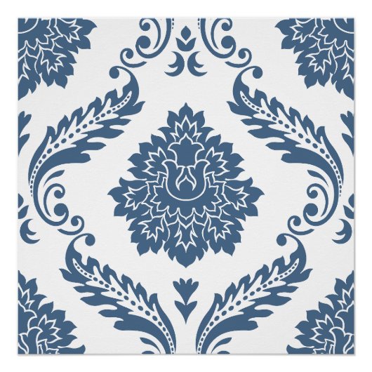 Rococo Damask Lg Patroon Blauw op Wit Perfect Poster (Voorkant)