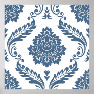 Rococo Damask Lg Patroon Blauw op Wit Poster
