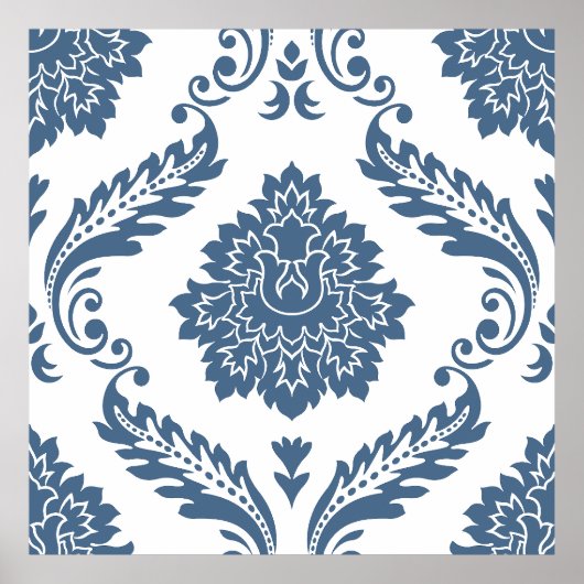 Rococo Damask Lg Patroon Blauw op Wit Poster (Voorkant)