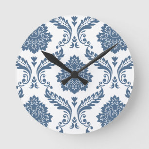 Rococo Damask Lg Patroon Blauw op Wit Ronde Klok