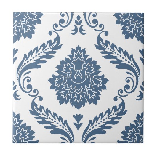 Rococo Damask Lg Patroon Blauw op Wit Tegeltje (Voorkant)