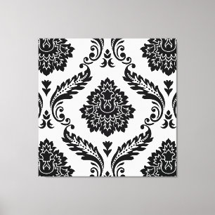 Rococo Damask Lg Patroon Zwart op Wit Canvas Afdruk