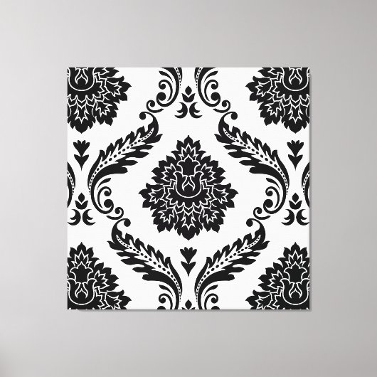 Rococo Damask Lg Patroon Zwart op Wit Canvas Afdruk (Voorkant)
