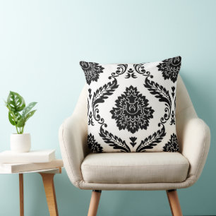 Rococo Damask Lg Patroon Zwart op Wit Kussen