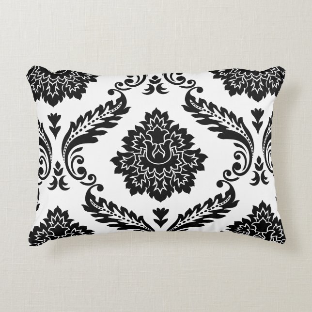 Rococo Damask Lg Pattern Black on White Accent Kussen (Voorkant)