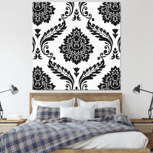 Rococo Damask Lg Pattern Black on White Canvas Afdruk (Insitu (Slaapkamer))