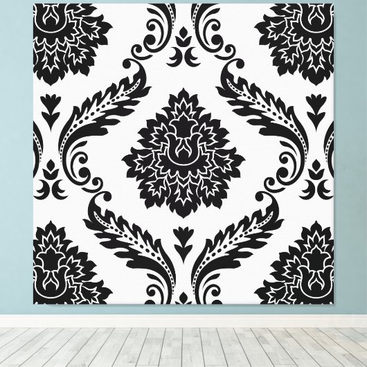 Rococo Damask Lg Pattern Black on White Canvas Afdruk (Insitu (Houten vloer))