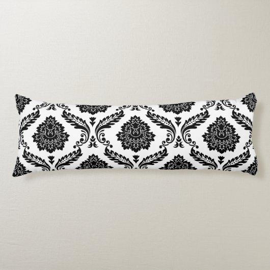 Rococo Damask Lg Pattern Black on White Lichaamskussen (Voorkant)
