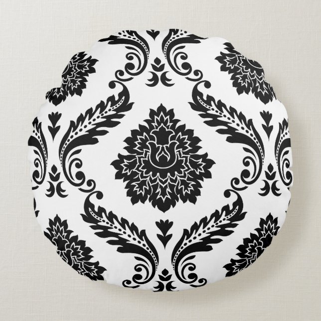 Rococo Damask Lg Pattern Black on White Rond Kussen (Voorkant)