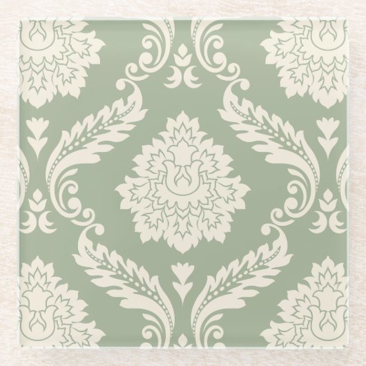 Rococo Damask Lg Pattern Cream on Green Glazen Onderzetter (Voorkant)