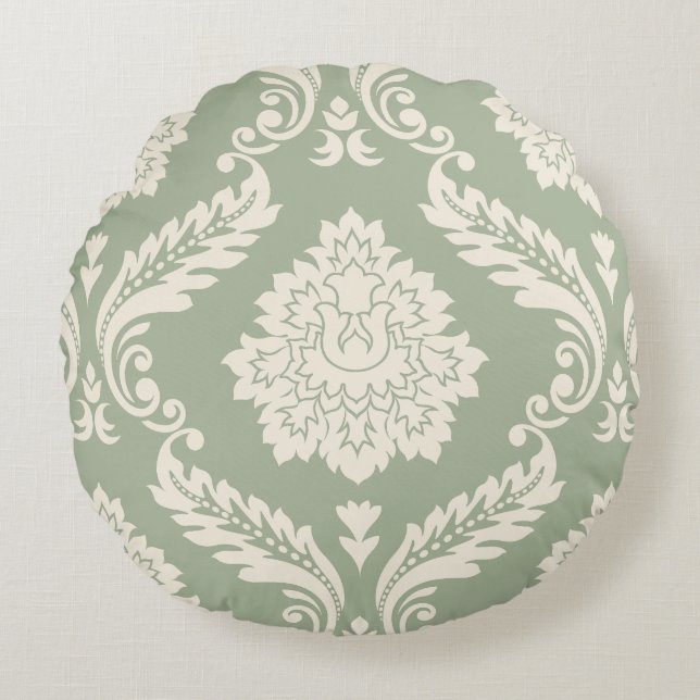Rococo Damask Lg Pattern Cream on Green Rond Kussen (Voorkant)