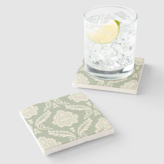 Rococo Damask Lg Pattern Cream on Green Stenen Onderzetter (Zijkant)