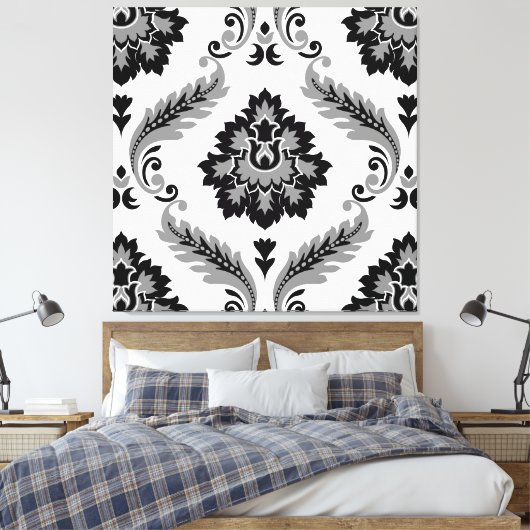 Rococo Damask Lg Pattern Grey Black White Canvas Afdruk (Insitu (Slaapkamer))