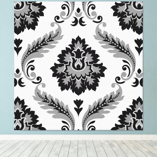 Rococo Damask Lg Pattern Grey Black White Canvas Afdruk (Insitu (Houten vloer))