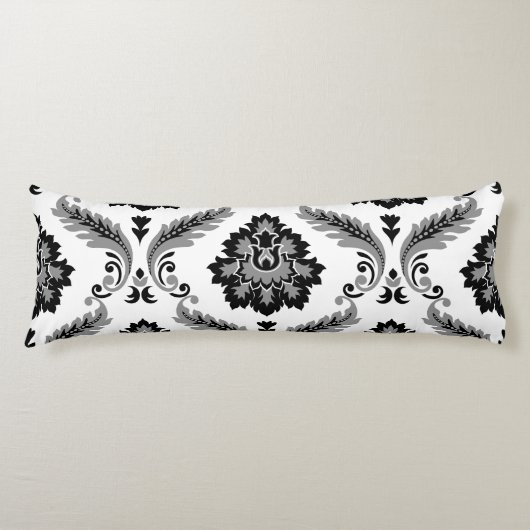 Rococo Damask Lg Pattern Grey Black White Lichaamskussen (Voorkant)