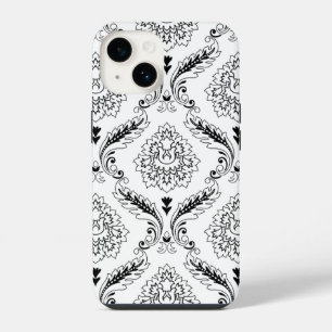 Rococo Damask Lijn Patroon Zwart op Wit iPhone 14 Hoesje