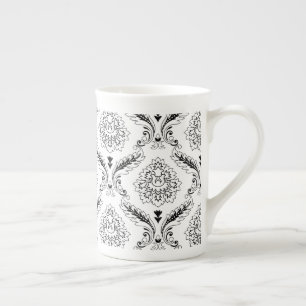 Rococo Damask Lijnpatroon Zwart op Wit Porselein Kop