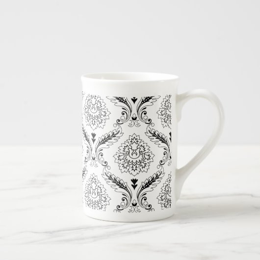 Rococo Damask Lijnpatroon Zwart op Wit Porselein Kop (Rechts)